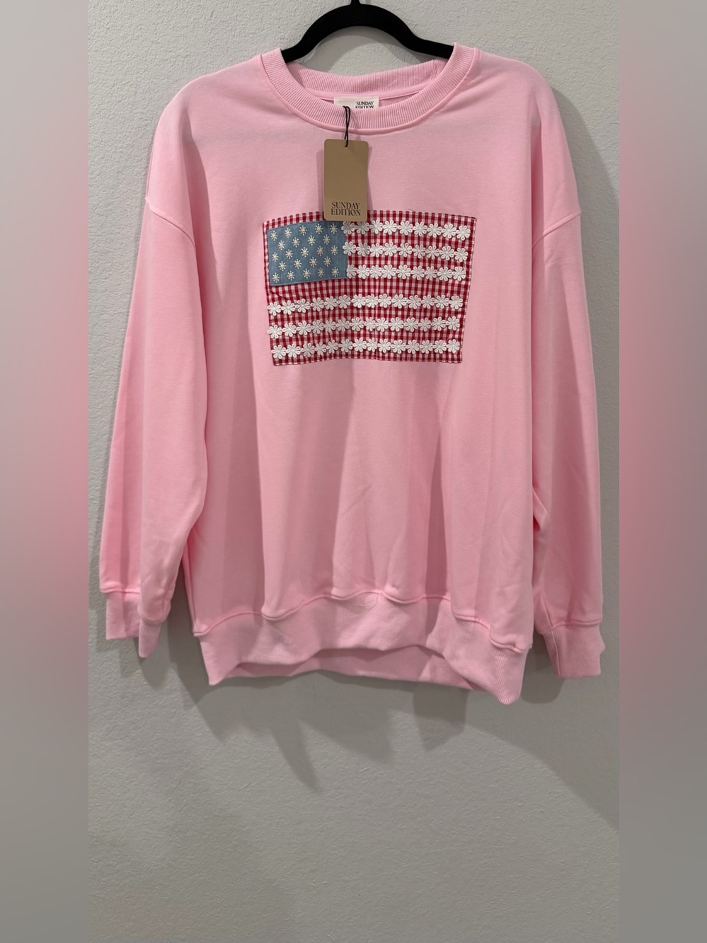 Sunday Edition Pink Red American Flag Patriotic Crewneck Luxury Sweatshirt Small